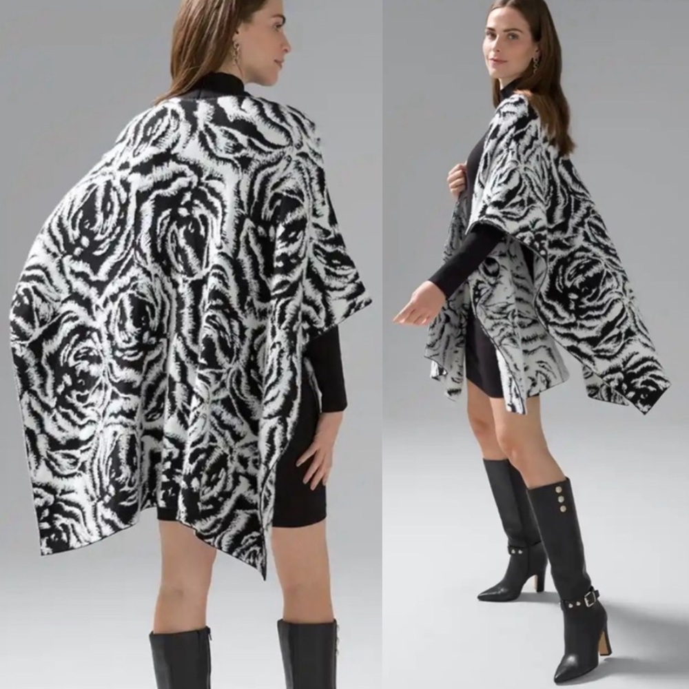 WHBM Black & White Rose Fur Poncho Wrap NWOT!!!!!!!